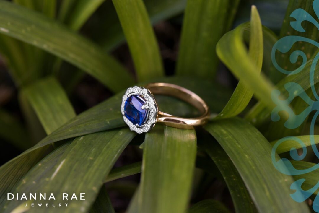 Two-Tone Blue Sapphire Ring with Diamond Halo - Image 2