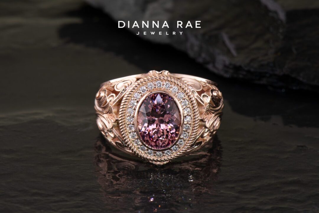 Alluvial Lotus - Rose Gold Oval Lotus Garnet Bezel Set Cocktail Ring with Round Diamond Filigree Milgrain Accents