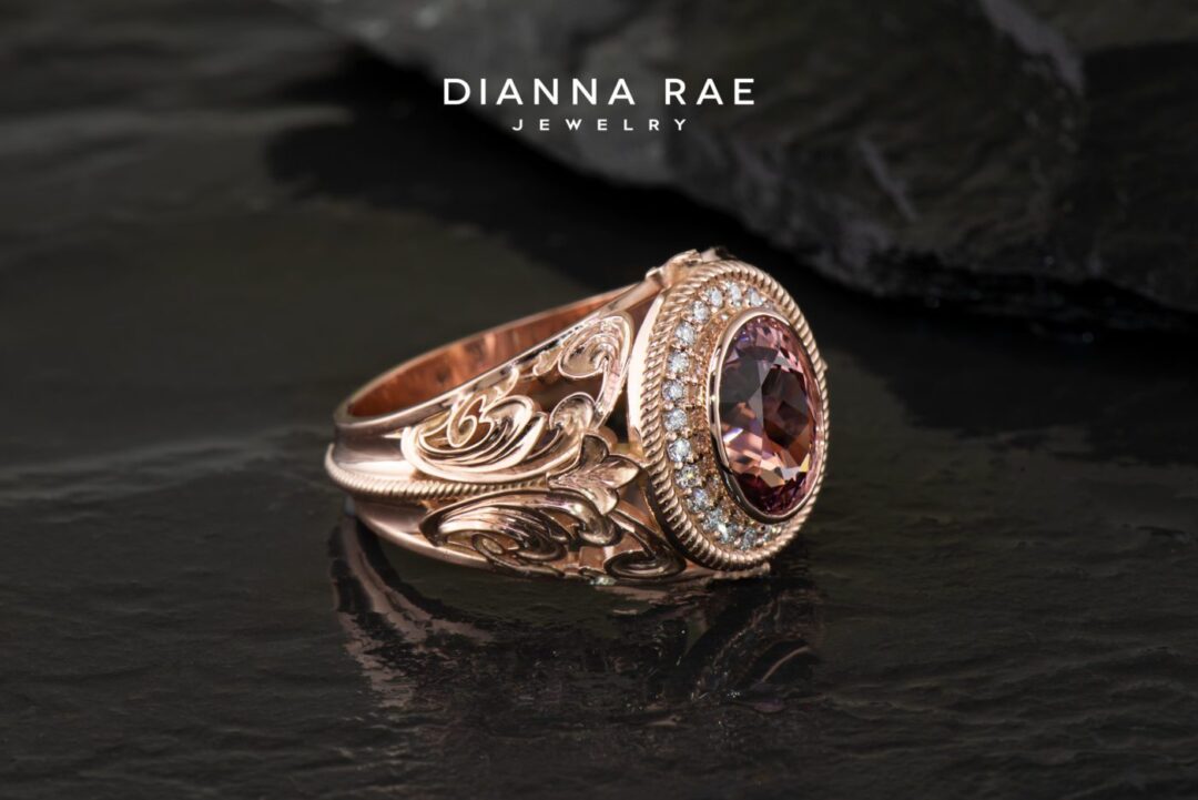Alluvial Lotus - Rose Gold Oval Lotus Garnet Bezel Set Cocktail Ring with Round Diamond Filigree Milgrain Accents - Image 2