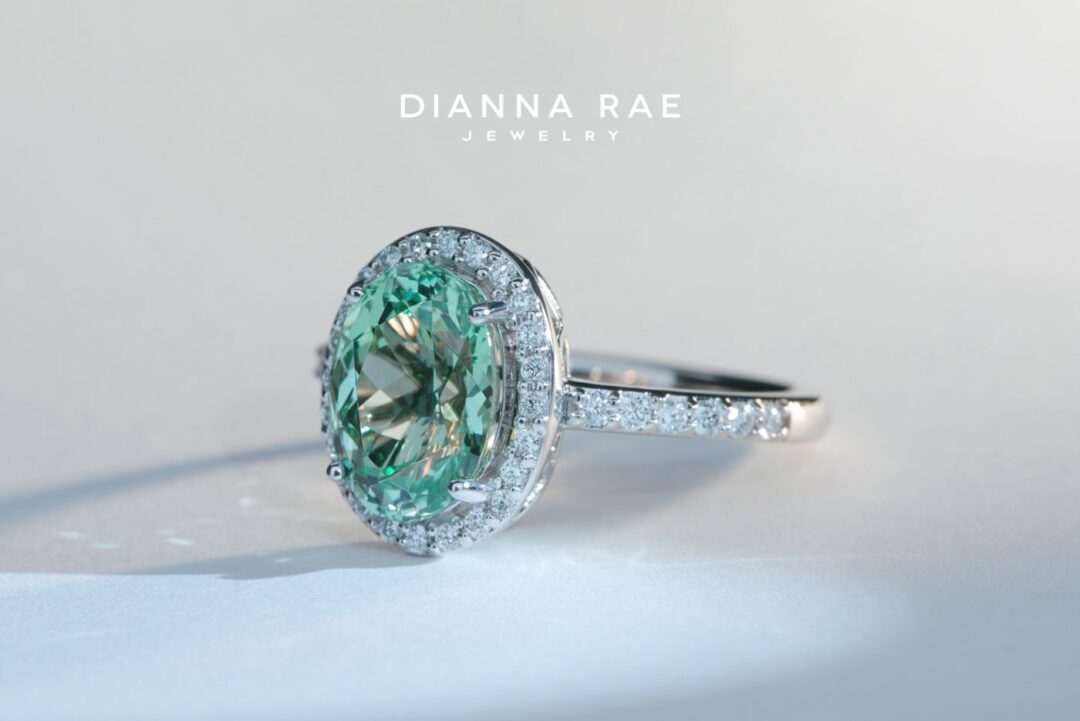 White Gold Mint Garnet Diamond Halo Ring