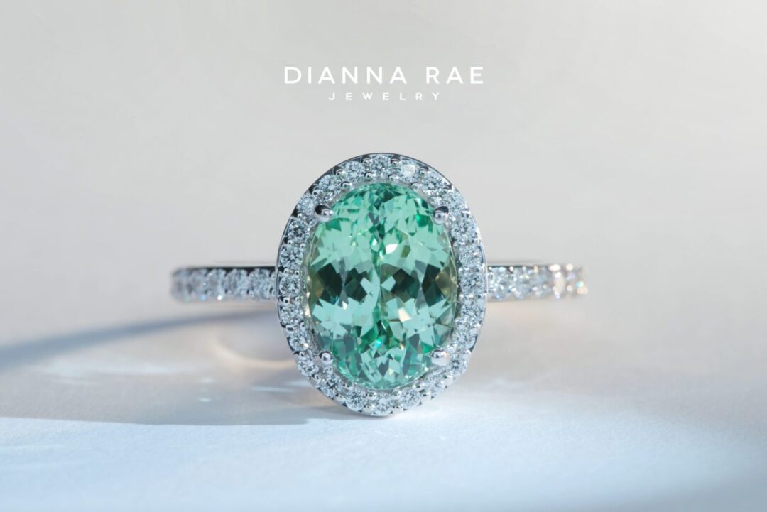 White Gold Mint Garnet Diamond Halo Ring - Image 2