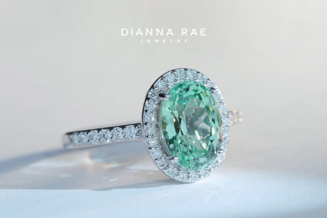 White Gold Mint Garnet Diamond Halo Ring - Image 3