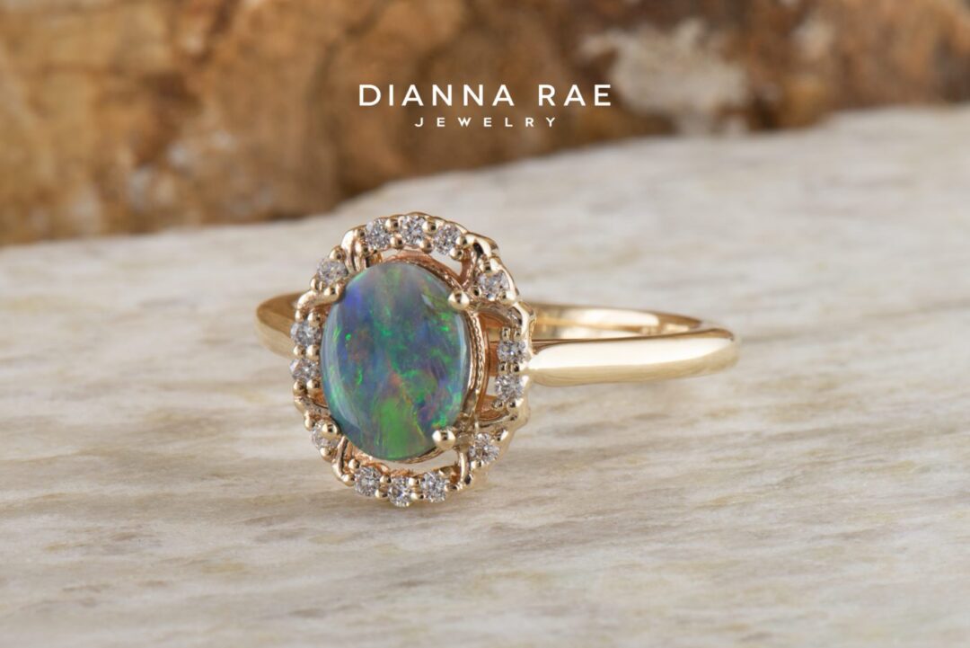 Yellow Gold Opal and Diamond Halo Ring - Image 2