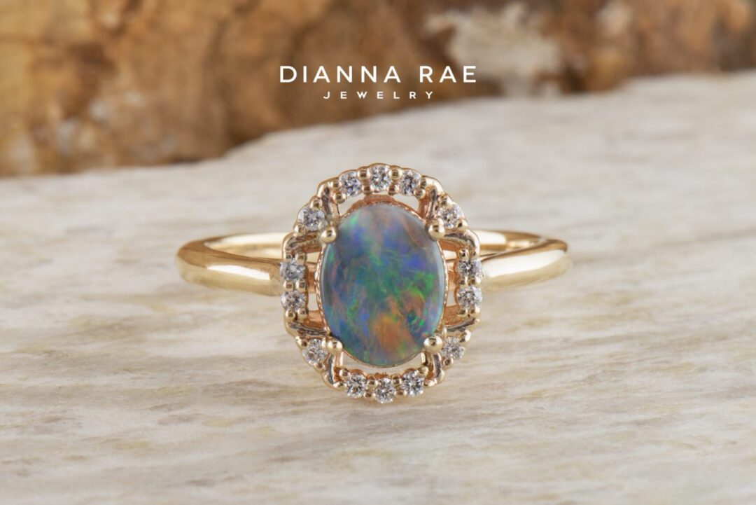 Yellow Gold Opal and Diamond Halo Ring