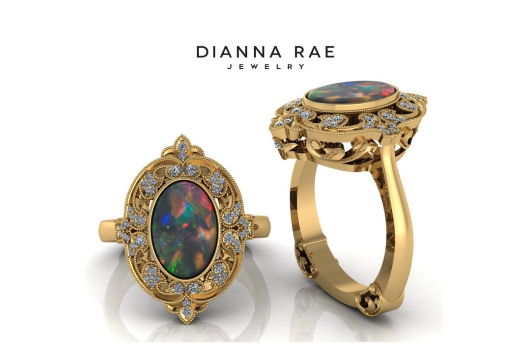 Opal Victoria - Yellow Gold Oval Black Opal Cocktail Ring with Diamond Filigree Accents - Image 3