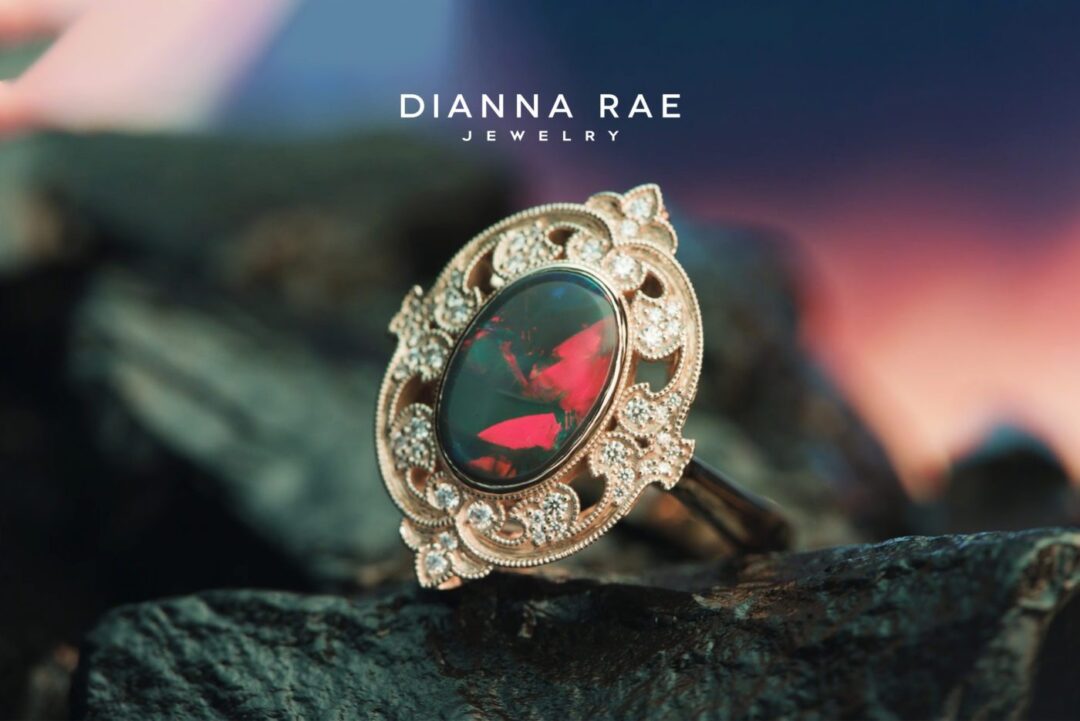 Opal Victoria - Yellow Gold Oval Black Opal Cocktail Ring with Diamond Filigree Accents - Image 2