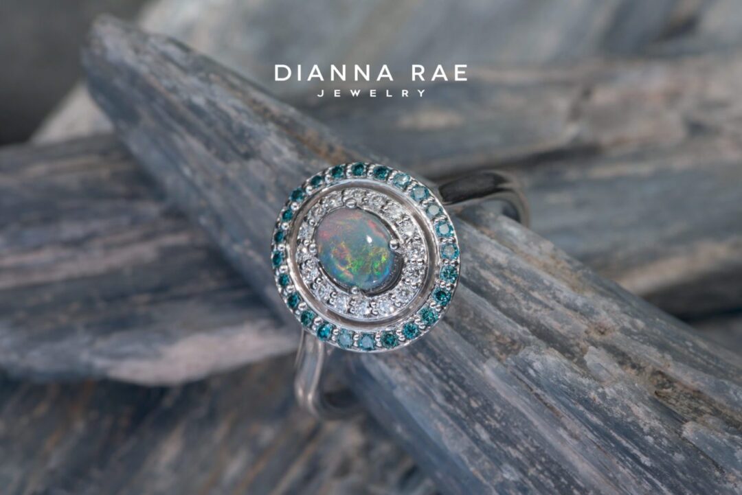 White Gold Black Opal Double Halo Ring with White and Blue Diamond Accents - Image 2
