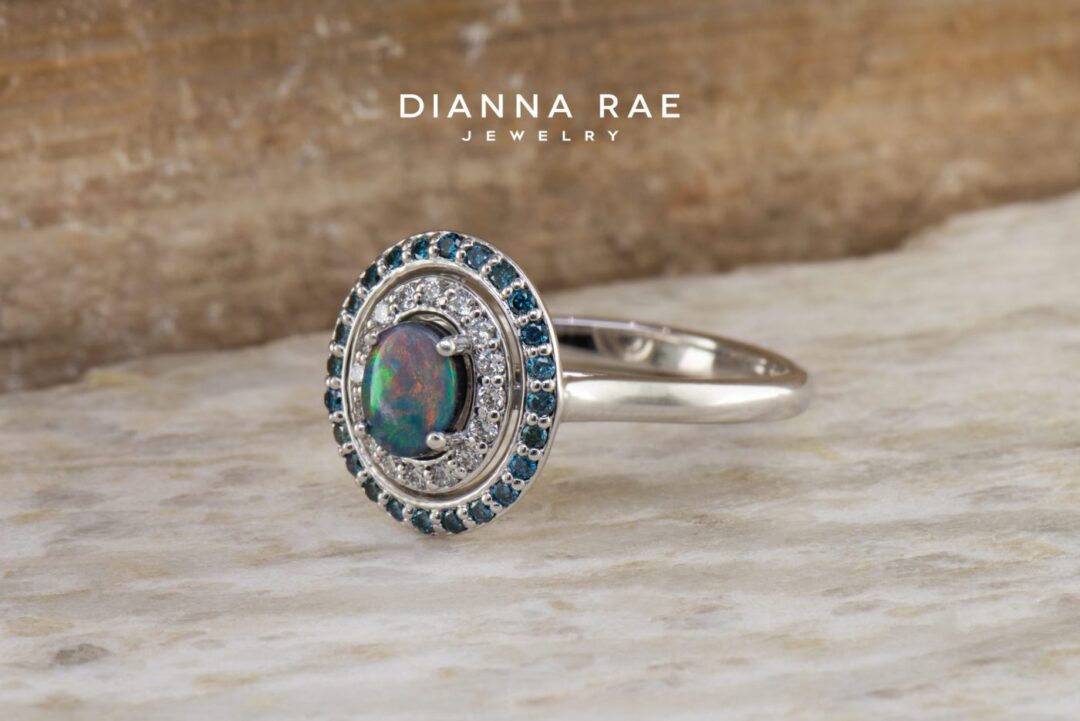 White Gold Black Opal Double Halo Ring with White and Blue Diamond Accents - Image 3