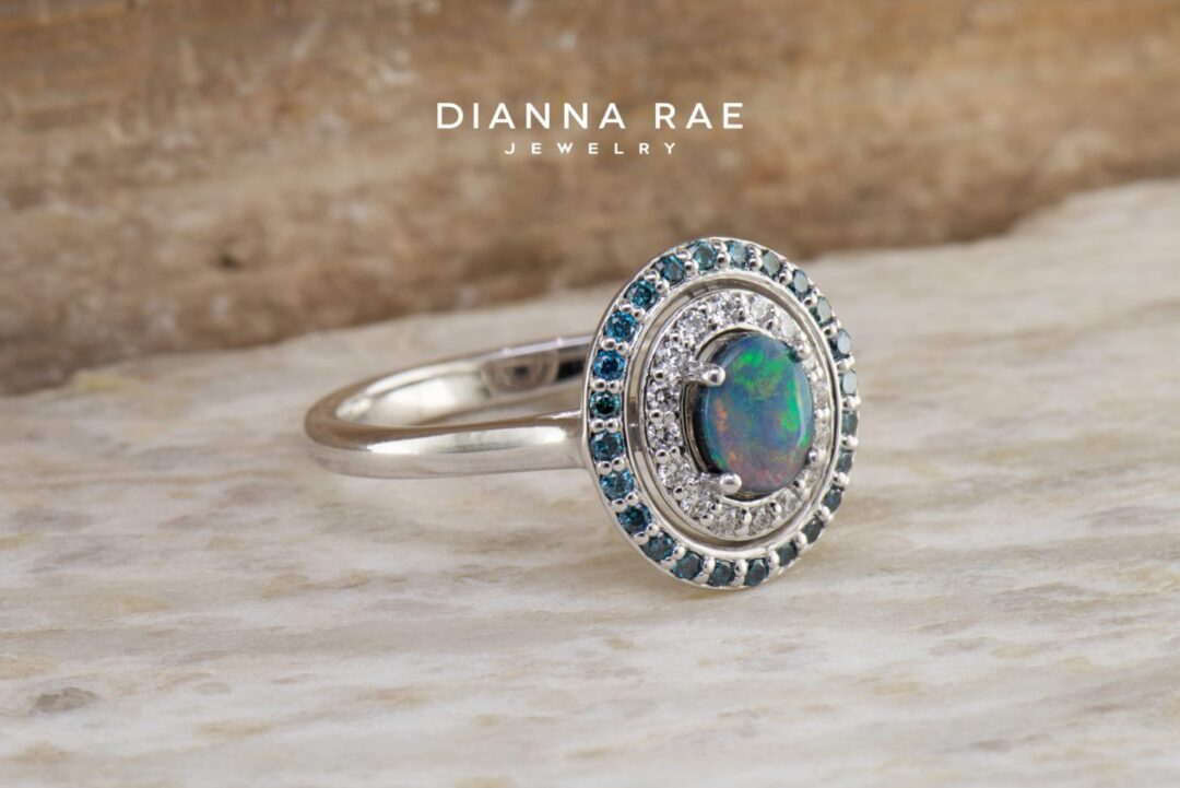 White Gold Black Opal Double Halo Ring with White and Blue Diamond Accents - Image 4