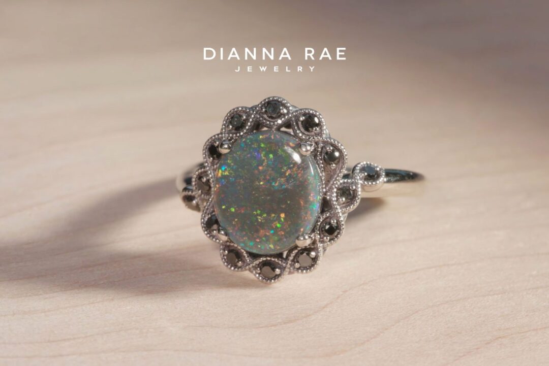 White Gold Black Opal Fashion Ring with Black Diamond Halo - Image 2