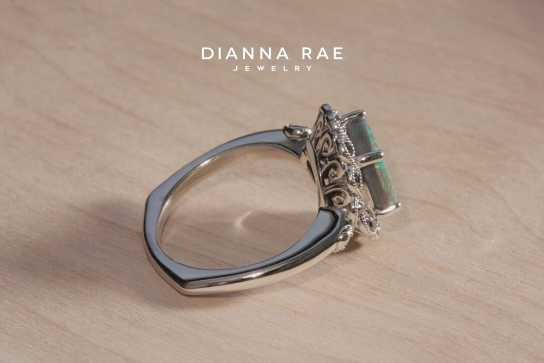White Gold Black Opal Fashion Ring with Black Diamond Halo - Image 3