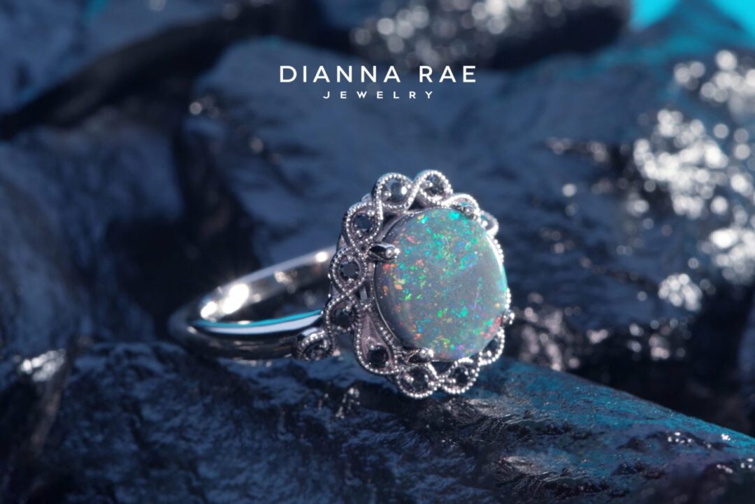 White Gold Black Opal Fashion Ring with Black Diamond Halo - Image 4