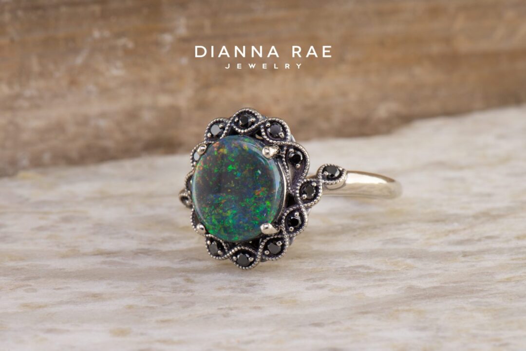 White Gold Black Opal Fashion Ring with Black Diamond Halo