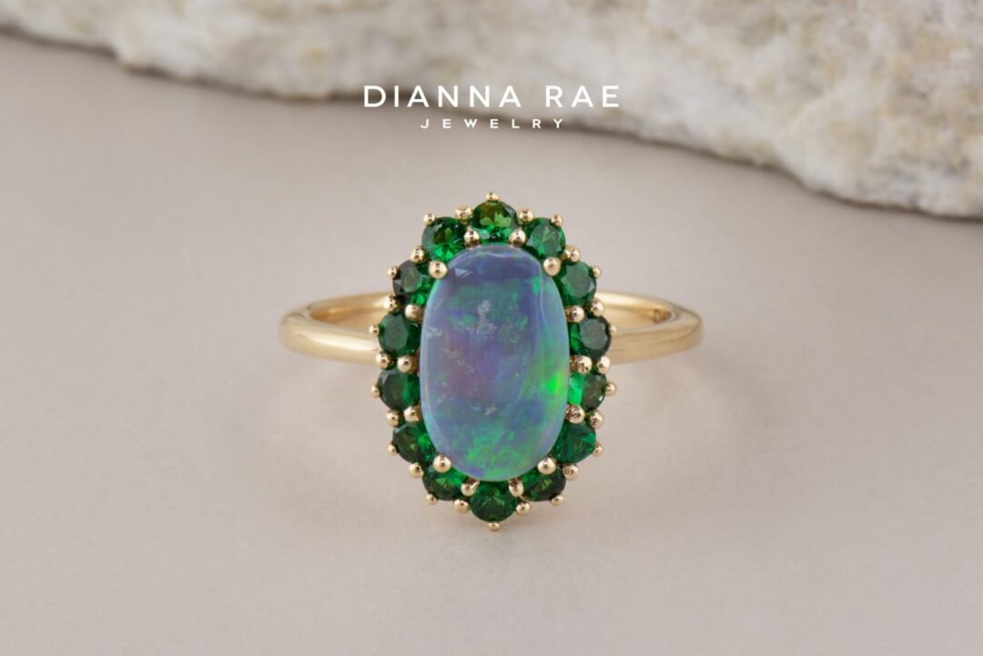 Yellow Gold Opal Tsavorite Garnet Halo Ring