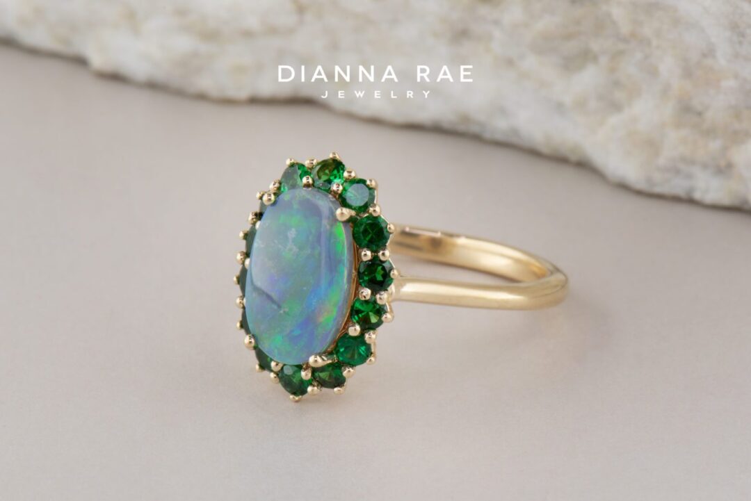 Yellow Gold Opal Tsavorite Garnet Halo Ring - Image 2