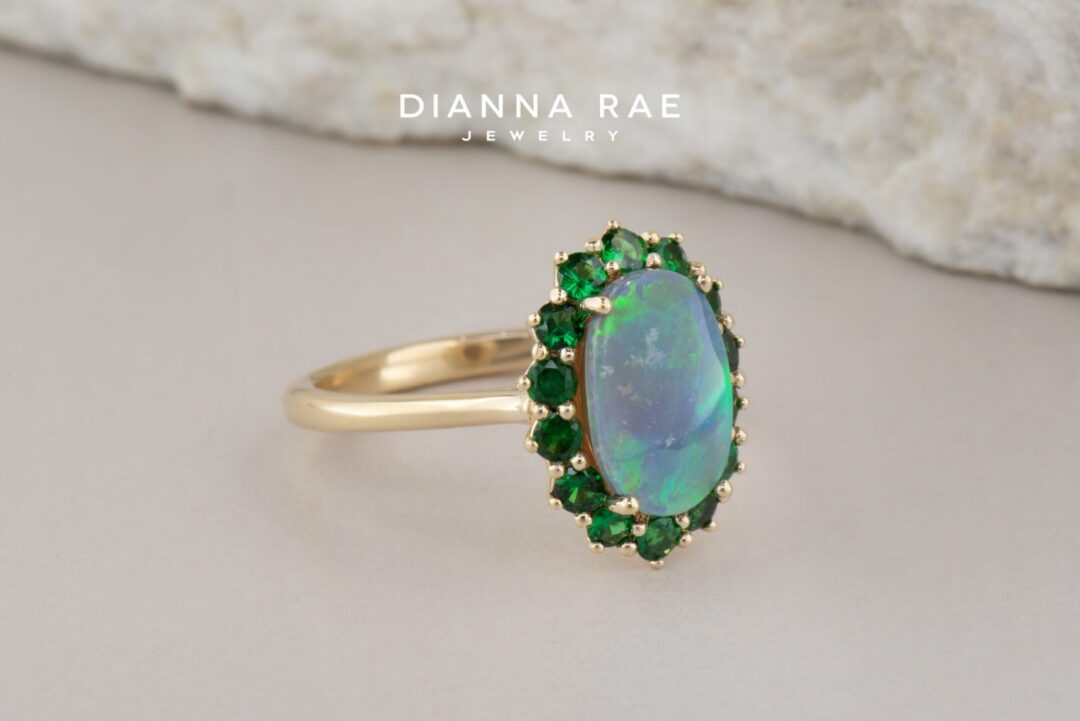 Yellow Gold Opal Tsavorite Garnet Halo Ring - Image 3