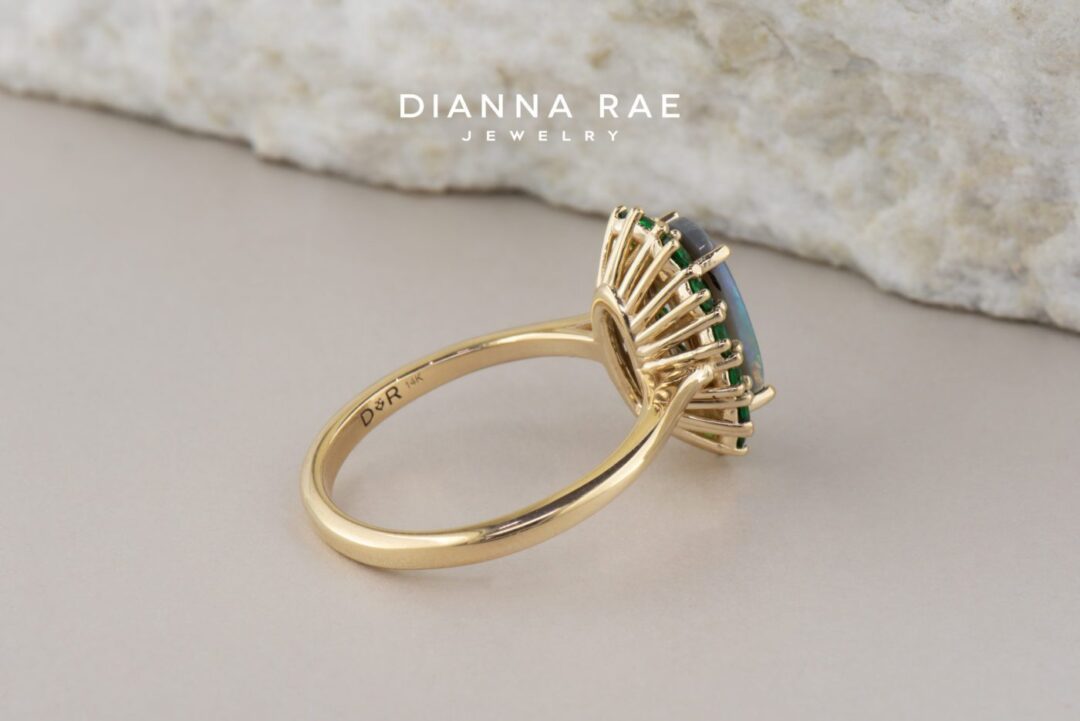 Yellow Gold Opal Tsavorite Garnet Halo Ring - Image 4