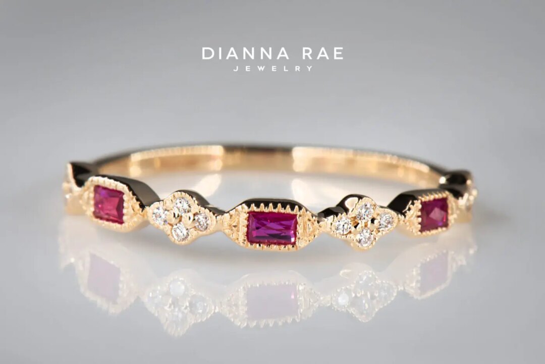 Yellow Gold Ruby and Diamond Stackable Anniversary Band