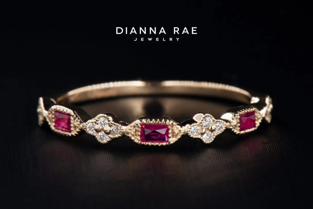 Yellow Gold Ruby and Diamond Stackable Anniversary Band - Image 2