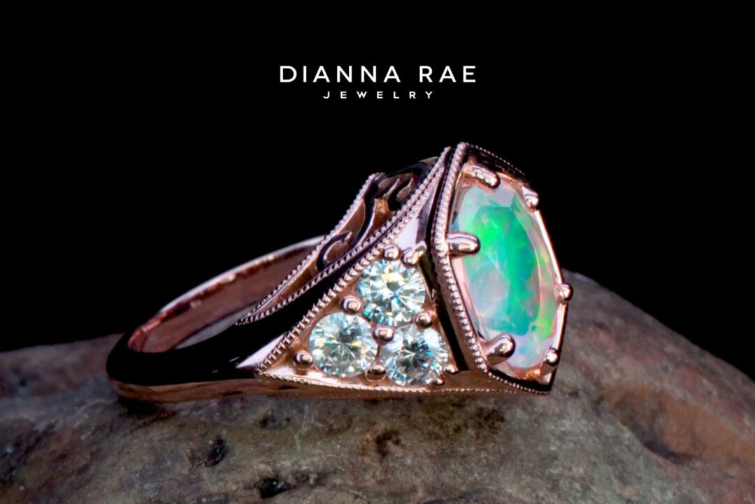 Enchanted Rose - Rose Gold Brazilian Opal Vintage Ring with Diamond Accents