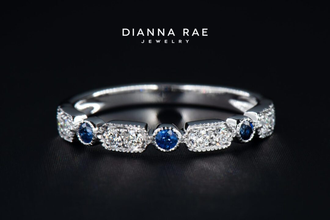 White Gold Round Sapphire and Diamond Stackable Anniversary Band - Image 2