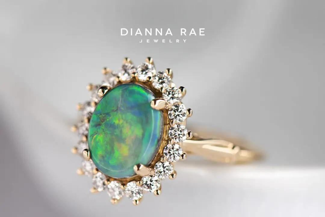 Yellow Gold Oval Opal Cluster Halo Cocktail Ring with Diamond Accents