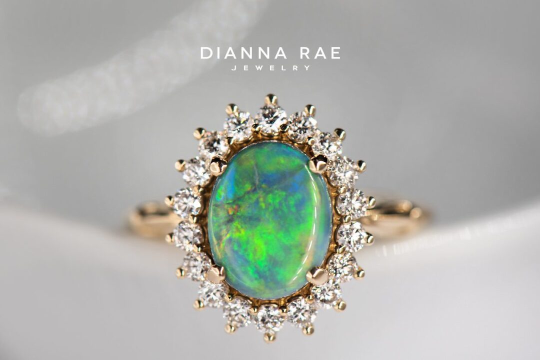 Yellow Gold Oval Opal Cluster Halo Cocktail Ring with Diamond Accents - Image 2