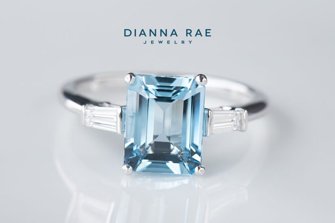 White Gold Emerald-Cut Aquamarine Three-Stone Ring with Tapered Baguette Diamond Sides - Image 3