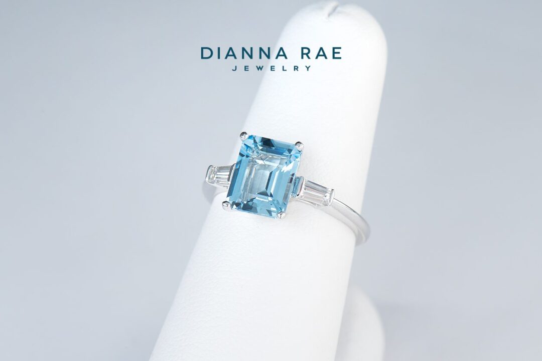 White Gold Emerald-Cut Aquamarine Three-Stone Ring with Tapered Baguette Diamond Sides - Image 2