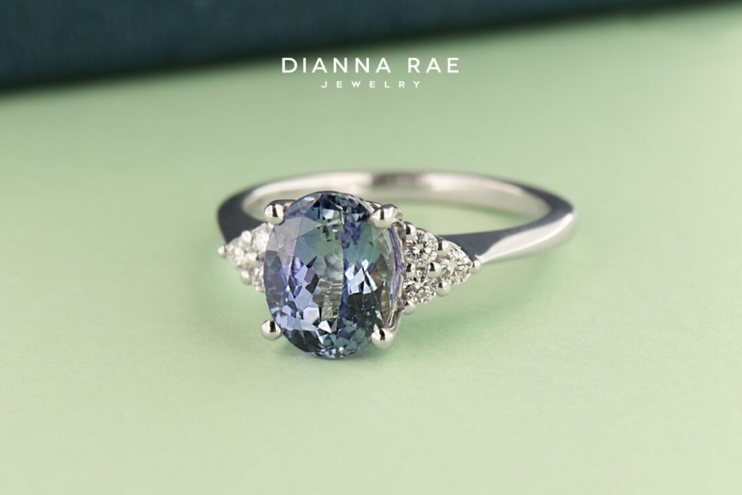 White Gold Oval Peacock Tanzanite and Diamond Ring
