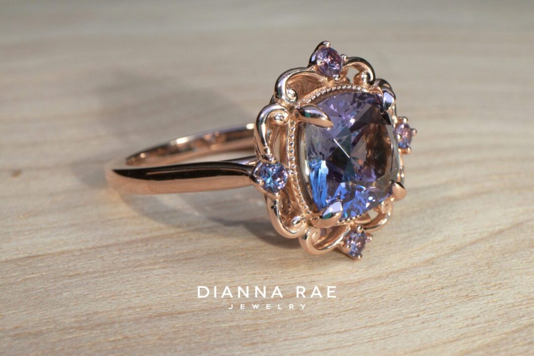 Rose Gold Cushion Peacock Tanzanite Ring with Garnet Accents - Image 2