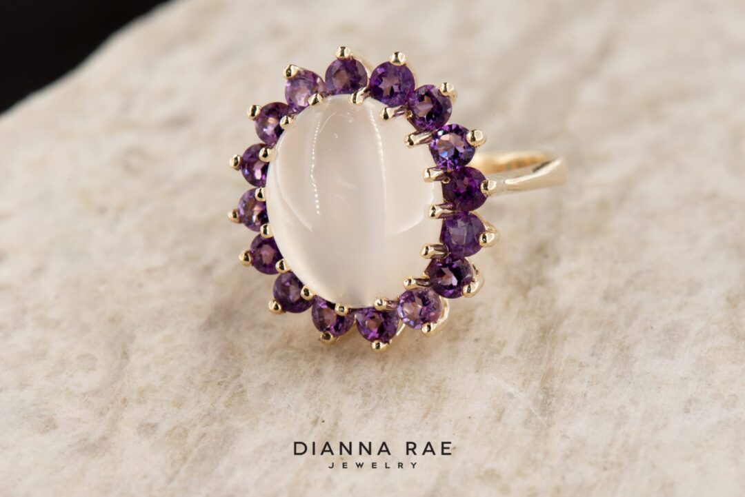 Lavender Moonlight -  Yellow Gold Moonstone Ring with Amethyst Cluster