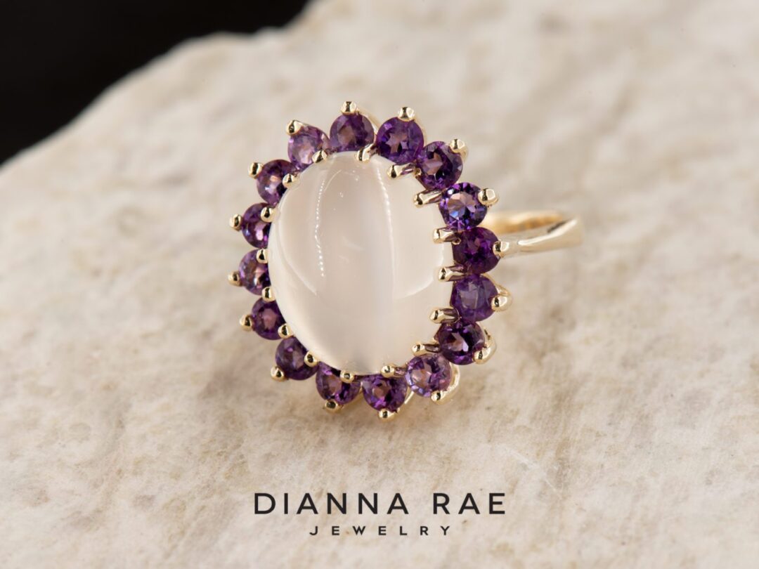Lavender Moonlight -  Yellow Gold Moonstone Ring with Amethyst Cluster - Image 3