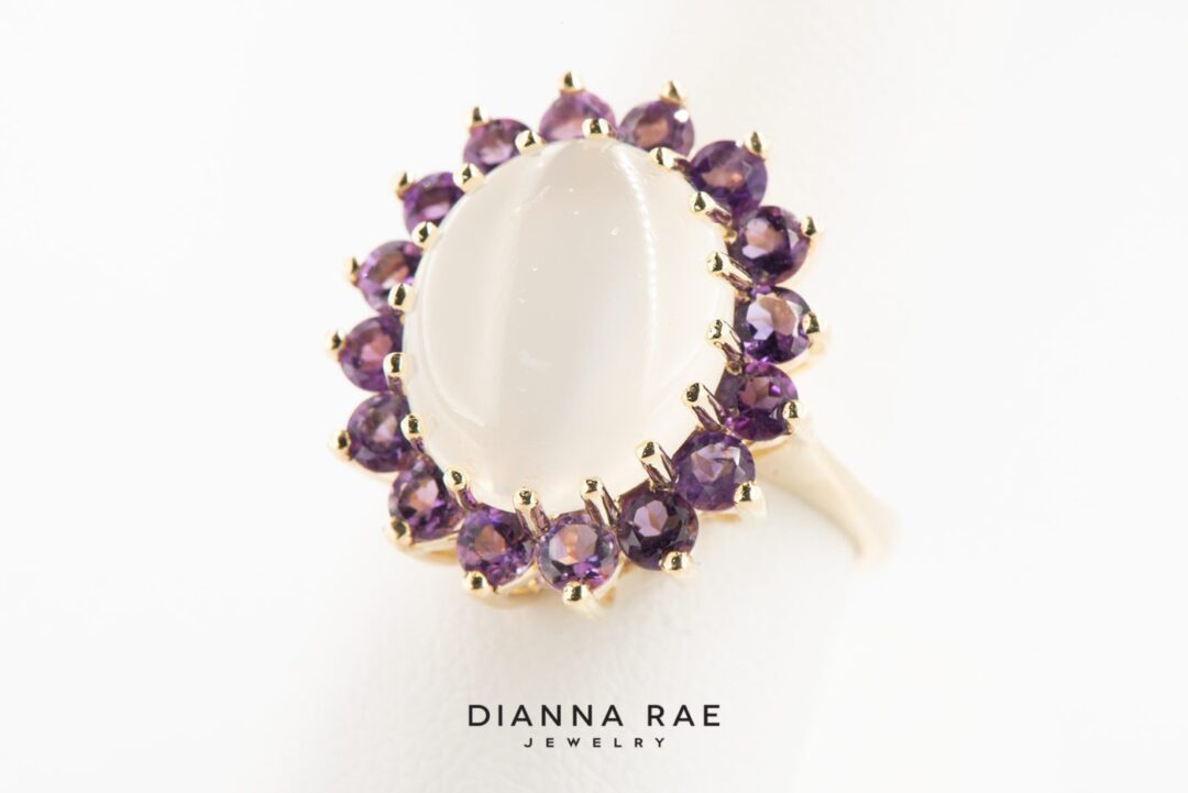 Lavender Moonlight -  Yellow Gold Moonstone Ring with Amethyst Cluster - Image 2