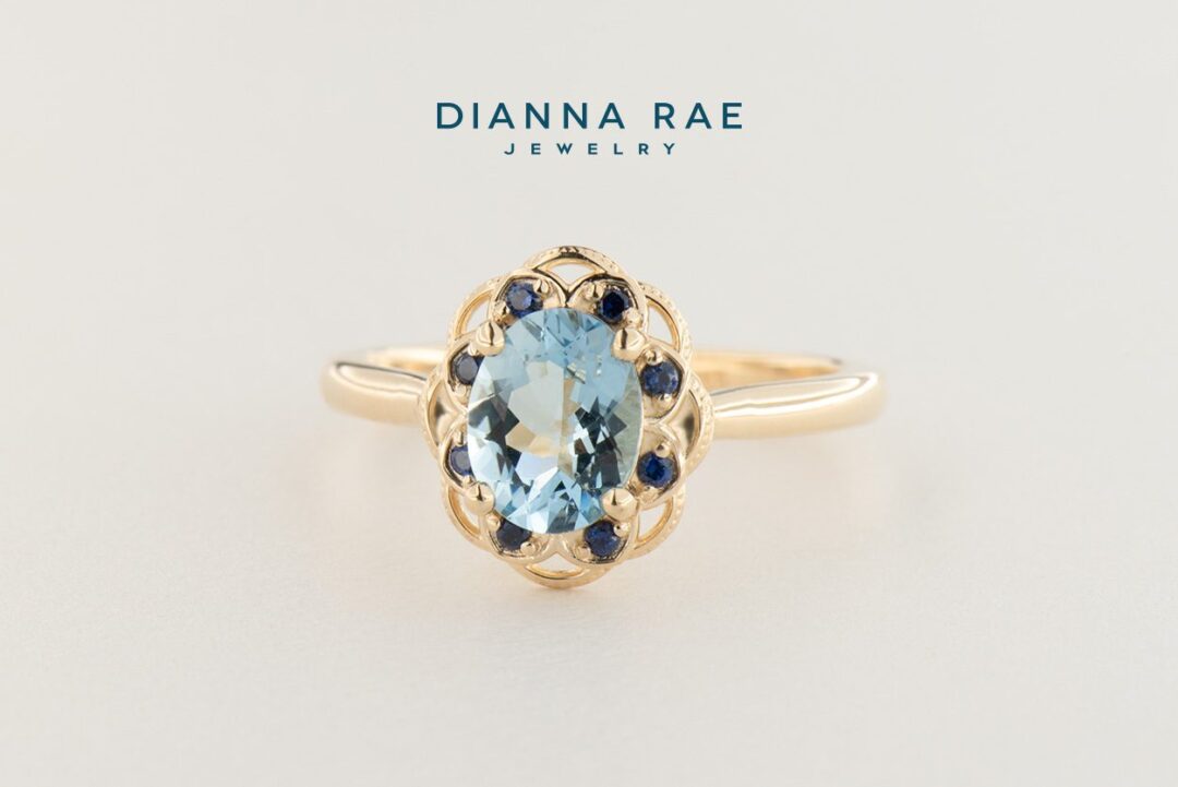 Yellow Gold Oval-Cut Aquamarine Ring with Scalloped Sapphire Halo - Image 2