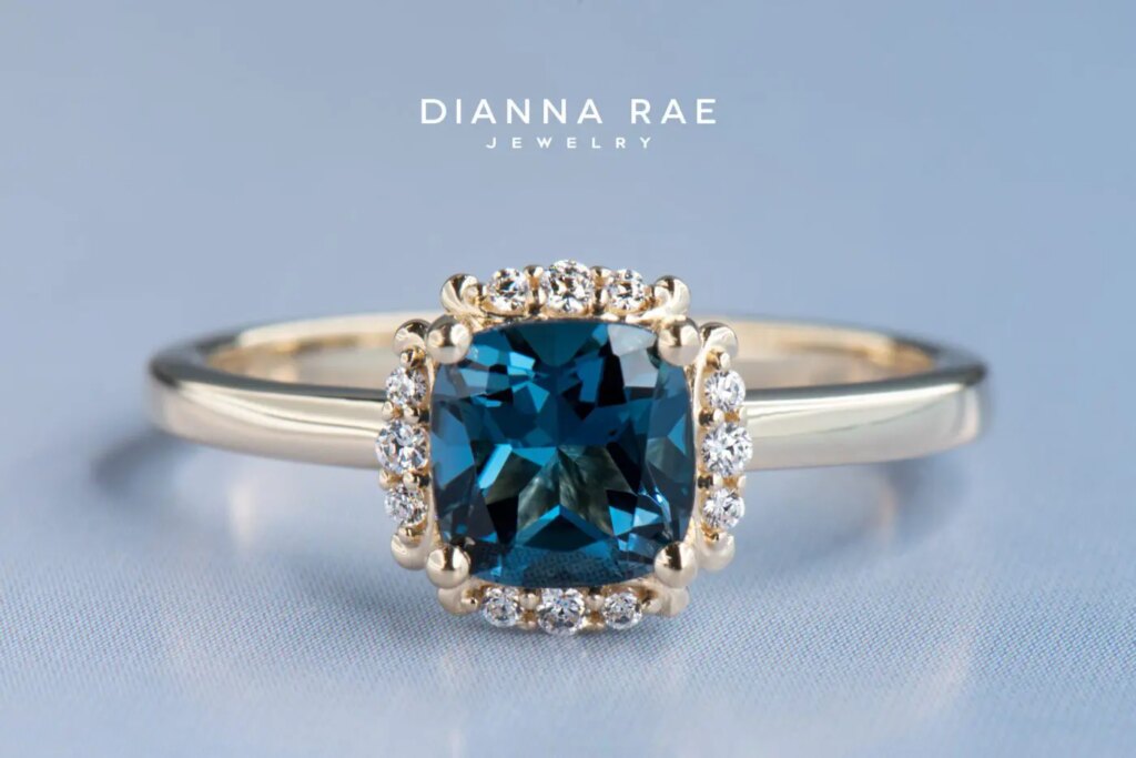 Yellow Gold Cushion London Blue Topaz Halo Ring