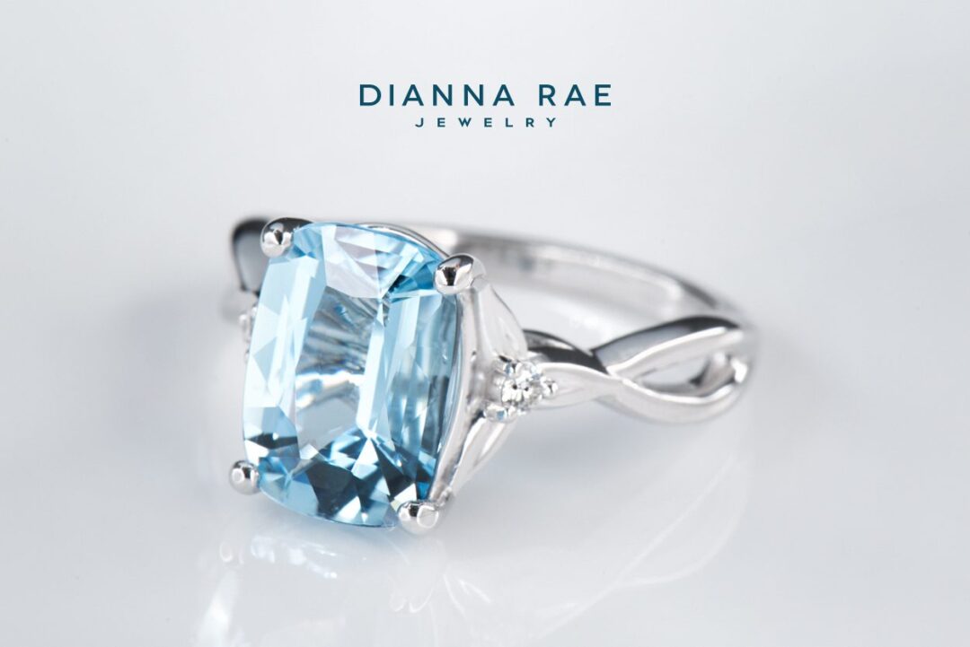 White Gold Cushion-Cut Aquamarine Floral Three-Stone Cocktail Ring - Image 3