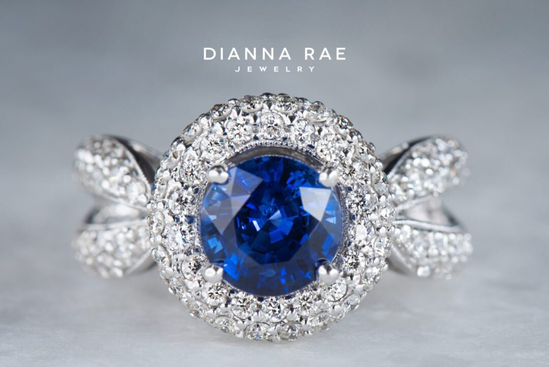 White Gold Round Sapphire Pave Halo Cocktail Ring with Split Shank and Diamond Accents - Image 2