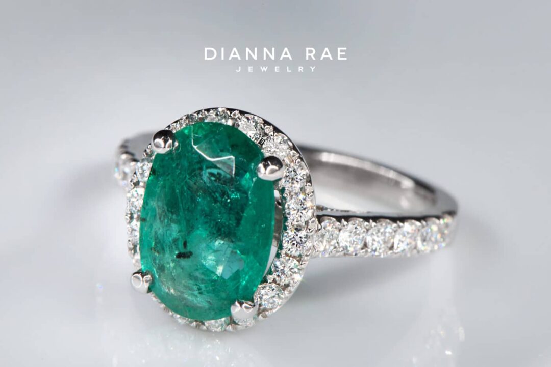 White Gold Oval Emerald Halo Cocktail Ring with Diamond Accents