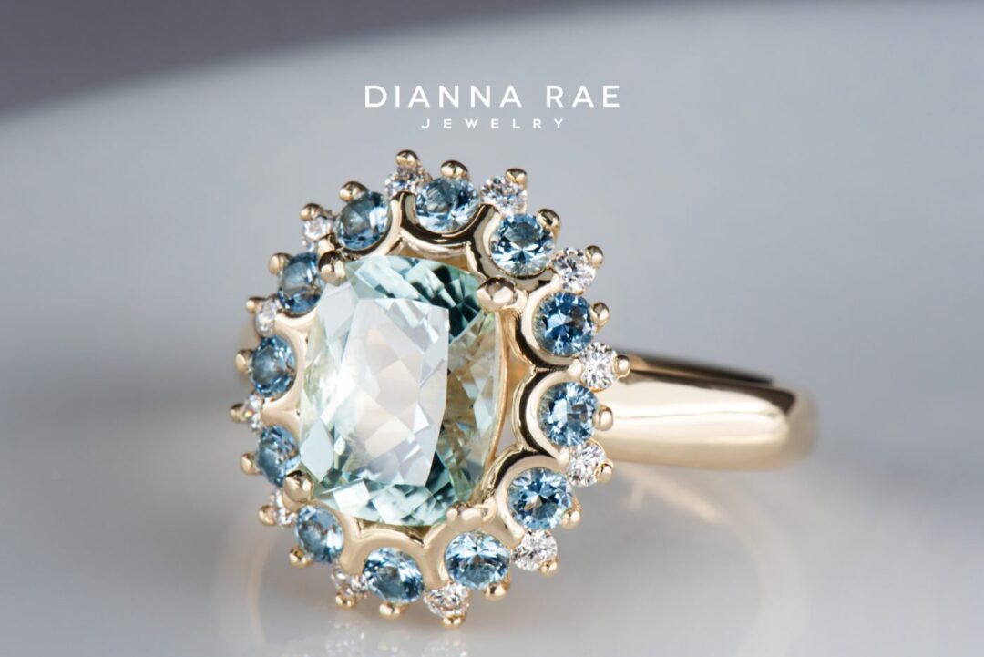 Serenity Sea - Yellow Gold Cushion Tourmaline Double Halo Cocktail Ring with Aquamarine and Diamond Accents - Image 2