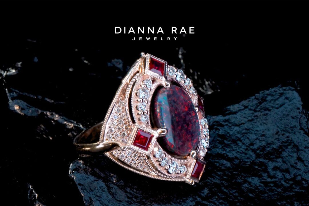 Crimson Crown - Yellow Gold Oval Black Opal Cocktail Ring with Princess Ruby and Diamond Accents