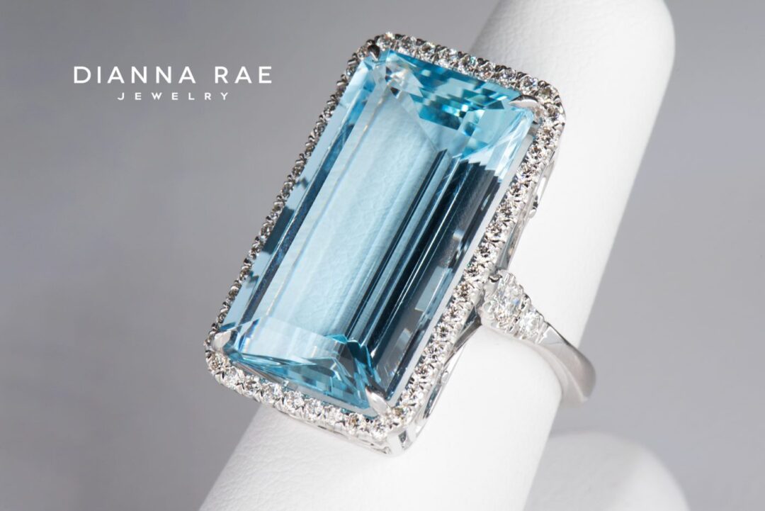 White Gold Emerald-Cut Aquamarine Halo Cocktail Ring with Diamond Accents