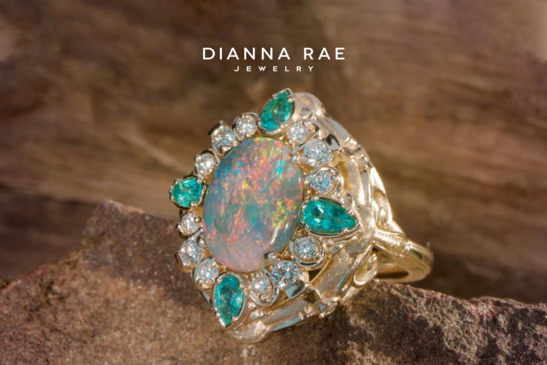 Rare Earth - Black Opal, Paraiba Tourmaline and Diamond Filigree Ring - Image 2