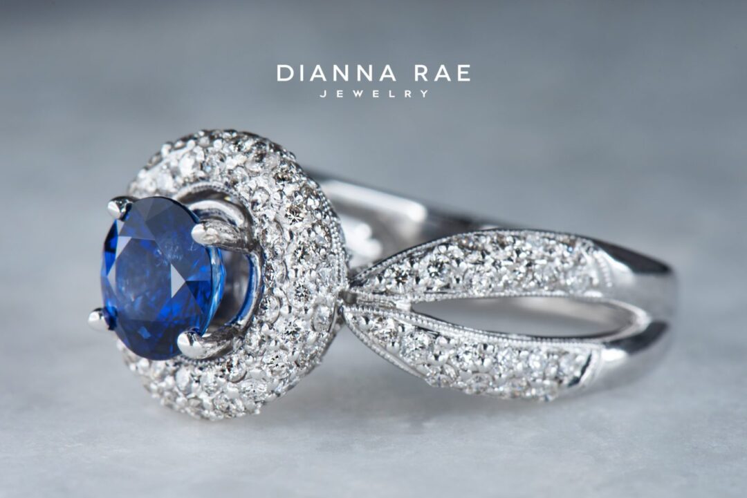 White Gold Round Sapphire Pave Halo Cocktail Ring with Split Shank and Diamond Accents - Image 3