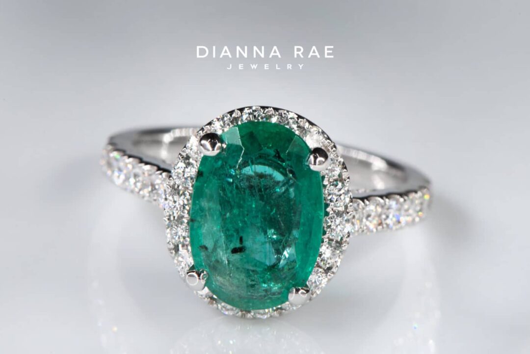 White Gold Oval Emerald Halo Cocktail Ring with Diamond Accents - Image 2