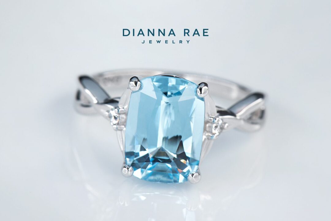 White Gold Cushion-Cut Aquamarine Floral Three-Stone Cocktail Ring - Image 4
