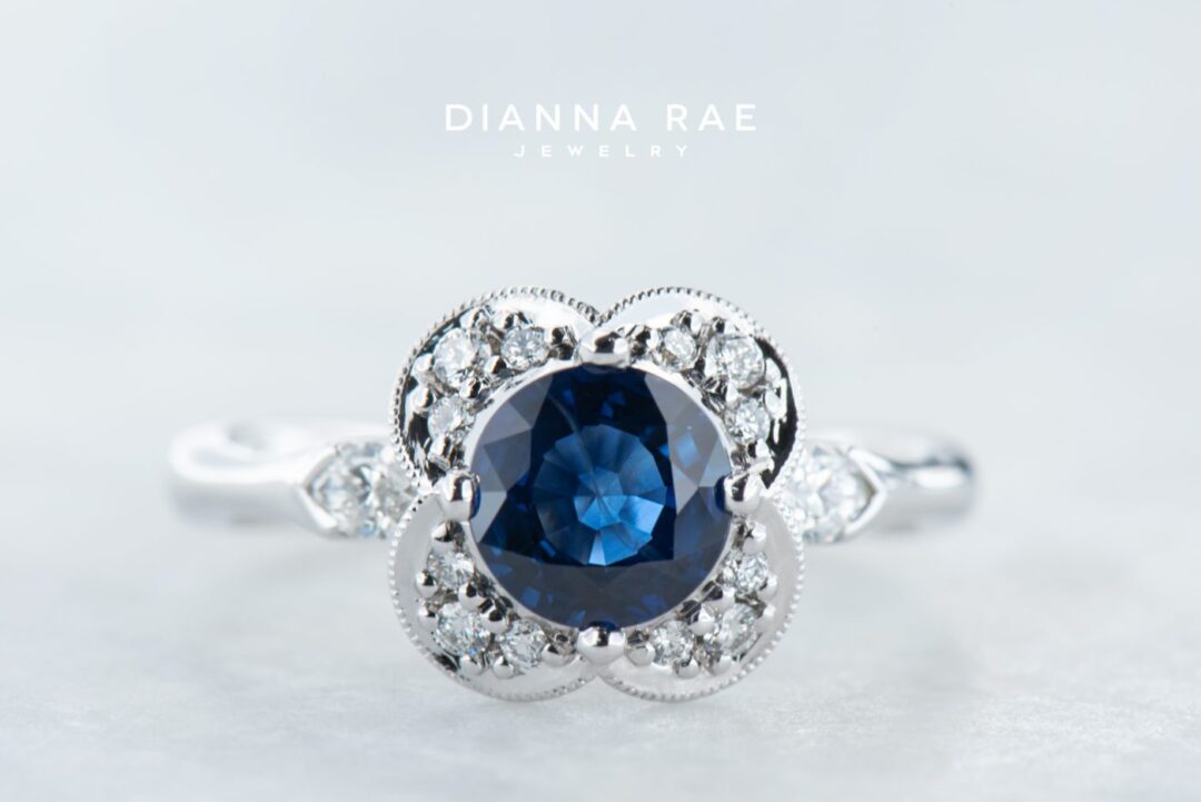 White Gold Round Blue Sapphire Floral Diamond Halo Ring - Image 4