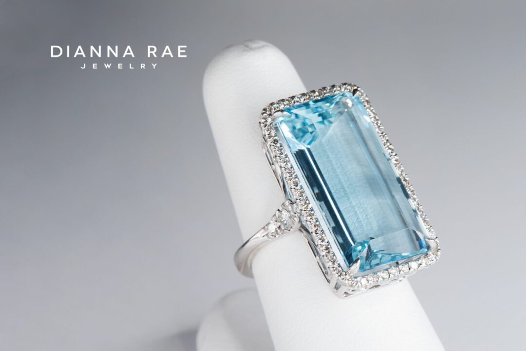 White Gold Emerald-Cut Aquamarine Halo Cocktail Ring with Diamond Accents - Image 2