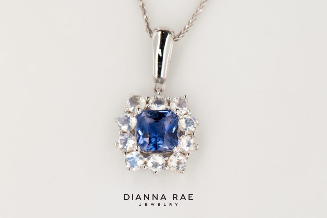 14K White Gold Sapphire and Moonstone Pendant - Image 2