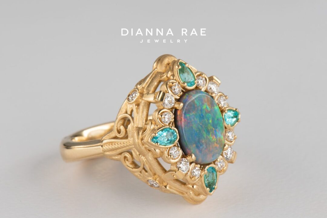 Rare Earth - Black Opal, Paraiba Tourmaline and Diamond Filigree Ring - Image 3